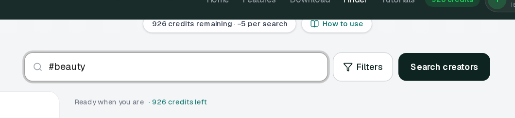 Finder search bar with #beauty query, Filters button, and Search creators