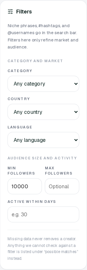 Finder Filters panel with Category, Country, Language, Min/Max Followers, and Active Within Days