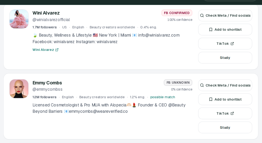 Finder creator result cards with FB status badges and follower counts
