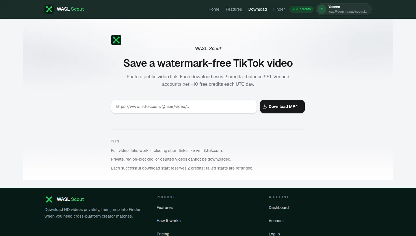 WASL Scout TikTok download page with paste field and Download MP4 button